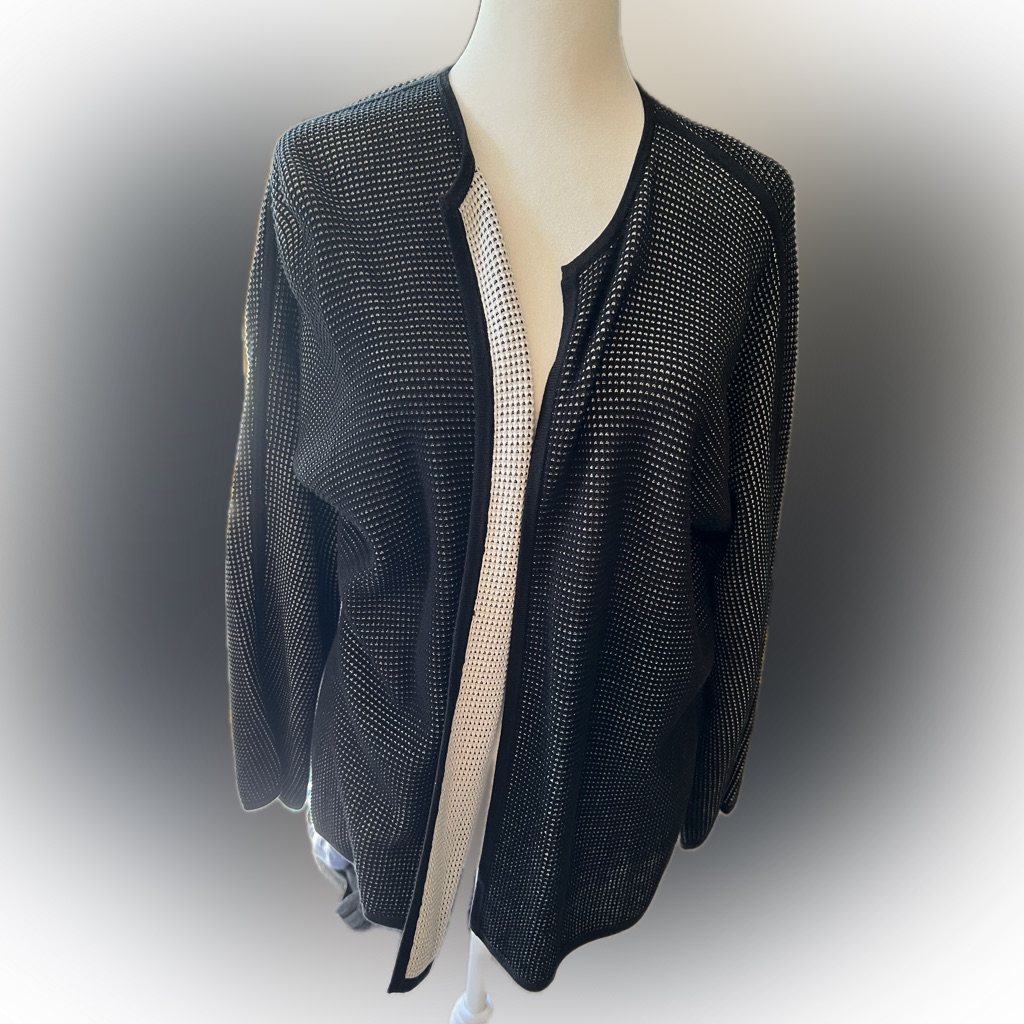 Eileen Fisher Black And Off White Open-Front Waffle Knit Cardigan